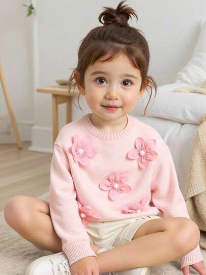 SHEIN Young Girls' Casual Cute Pink Floral Decor Knitted Sweater, Soft & Comfortable, Suitable For Daily, Outdoor, Travel, Vacation, Home, Daycare, And Children's Play Wear Fall Winter