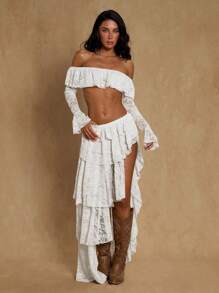 Glamine 2件套蕾丝荷叶边浪漫海滩度假套装，夏季 - 白色 - 查看 3