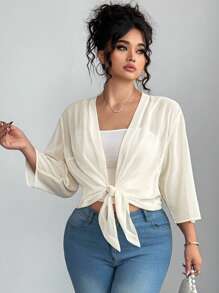 Elenzga 大码女式精致优雅梭织七分袖雪纺灰褐色修身夹克