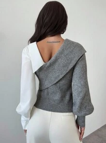 Firerie Casual And Elegant Gray And White Stitching Long-Sleeved Sweater, Suitable For Commuting, Work Wear And Outdoor Occasions/Fall/Back To School/Homecoming/Old Money Style Women/Autumn Bottoms/Tops For Going Out/Pile Collar Pleated Tops/All/Business Casual/Vintage/Fall