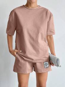 EURMUSE Áo thun trơn màu 100% cotton dành cho nữ và quần short thêu họa tiết - Màu Hồng  San hô - Xem 4