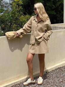 Livesso 女士休闲宽松夹克和牛仔裙套装，秋季 - 卡其色 - 查看 6