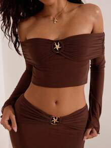 Opulessa Women's Solid Color Pleated Off Shoulder Flare Sleeve Cropped Top And Fitted Midi Skirt 2-Piece Set, Brown Two Pieces Set Women, 2 Pieces Long Skirt Set Mesh Two Pieces Set Brown Mesh Two Pieces Set Two Pieces Maxi Skirt Set