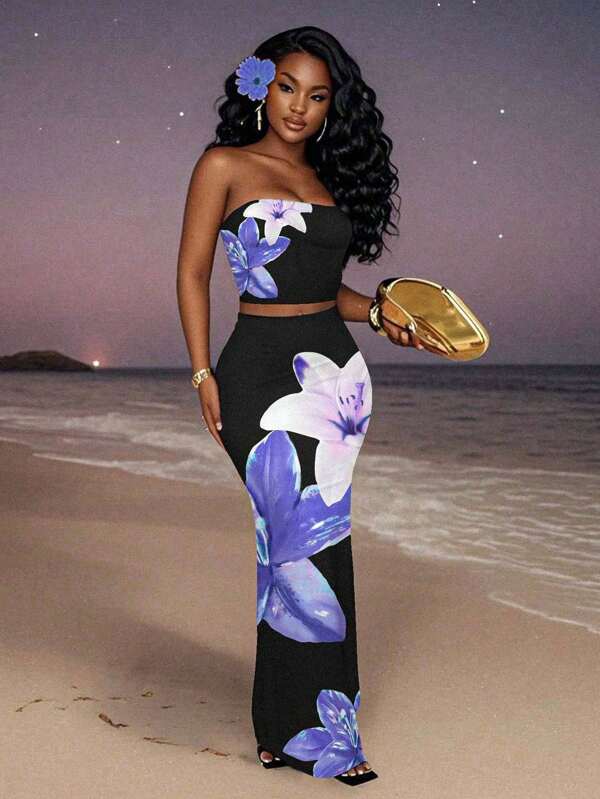 Slaydiva Set casual minimalista di 2 pezzi con stampa floreale a giglio, adatto per vacanze, feste, campagna, primavera/estate 2025