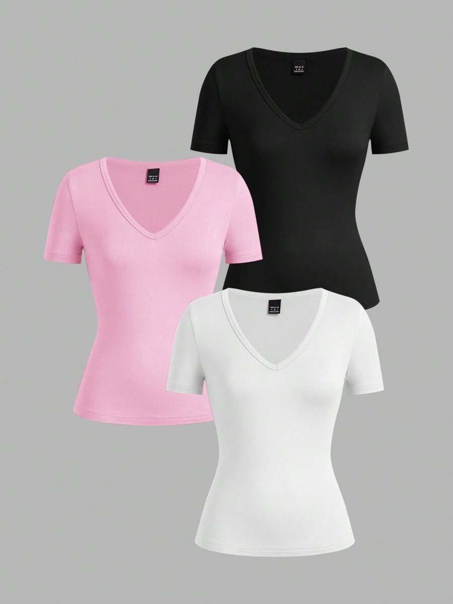 SHEIN EZwear 3pcs Women's Deep V-Neck Tight Casual Short Sleeve Basic Layering Long Sleeve T-Shirt Set, Black/Pink/White, Suitable For Spring/Summer Suitable For Going Out - Multicolor - View 1