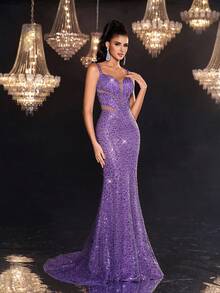 Glamrae Luxurious And Sexy Purple Sequin Embroidery Deep V Line Hollow Design Fishtail Hem Women's Evening Dress, Formal Dress - Purple - View 6