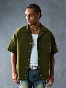 ROMWE MEN Street Life Herren-Jeanshemd mit Reverskragen, kurzen Ärmeln, einreihig, lässig, mit Tasche