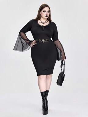 Goth Back To School Gothic Cross Decor Deep V-Neck Lace Patchwork Backless Tie-Up Mesh Dress For Plus Size Women