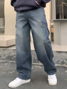 DAZY 男士秋季工装口袋阔腿宽松休闲牛仔裤 - 淺藍色 - 查看 5