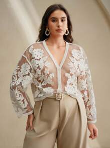 Anewsta 大码女式花卉刺绣落肩长袖单排扣针织开衫 - 白色 - 查看 4