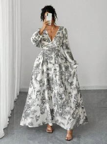 Elenzga Đầm Maxi dáng ôm dáng thanh lịch, duyên dáng, tối giản, cổ chữ V, tay dài, viền bèo, thắt lưng, dáng ôm, cỡ lớn, mùa xuân/thu dành cho nữ - Nhiều màu - Xem 8