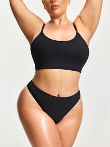 SHAPORA Plus Size Women Seamless Solid Color Casual Comfortable Underwear Set - Black - View 5
