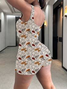 INAWLY Women All Over Print Crew Neck Sleeveless Backless Jumpsuit - Khaki - View 3