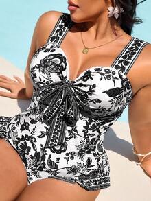 Swim Vcay Plus Size One-Piece Floral Print Swimsuit, Vacation Style, Autumn - Black and White - View 1