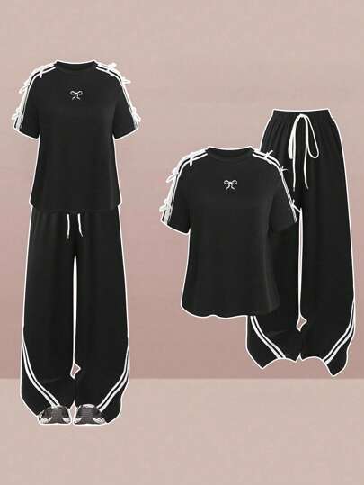 SHEIN LUNE Plus Size Women 2 Pieces Set, Casual Sports Patchwork Striped Bow Decor Cute Collegiate Style Embroidered Bow Short Sleeve Top And Elastic Waist Pants Jogging Suit, Suitable For Daily Wear And Back To School Season