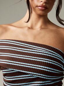 MISSGUIDED 不对称条纹单肩紧身衣罗纹弹力芭铎风格海滩俱乐部派对节夏季晚会紧身上衣 - 棕色 - 查看 4