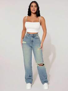 SHEIN PETITE Jeans de mujer de pierna ancha holgados, versátiles y con bolsillos desgastados - Lavado ligero - Ver 3