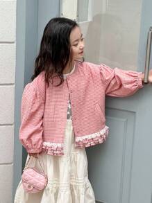 Dazy Kids Young Girl Casual Everyday Plaid Ruffle Front Button Jacket - Pink - View 3