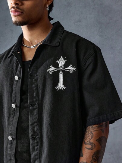 Street Life Men's Casual Cross And Portrait Pattern Short Sleeve Denim Shirt For Summer