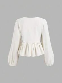 Sweetra 复古法式优雅女士优雅纹理系带荷叶边可爱甜美风格女式衬衫秋季女装 - 杏色 - 查看 2