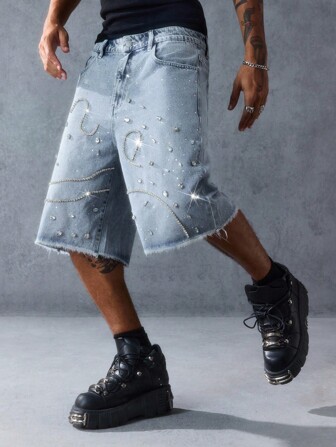 Street Life Pantaloni capri in denim con tasche e decorazioni strappate, vestibilità ampia per uomo