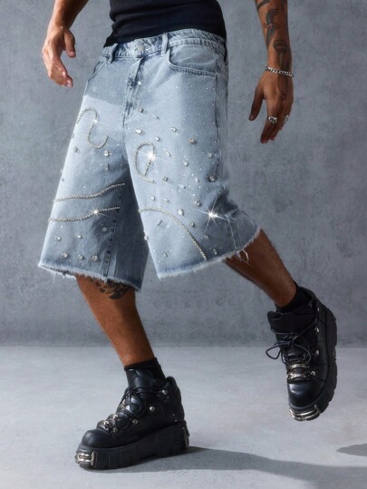 Street Life Men's Loose Fit Distressed Pocket Embellished Rhinestone Denim Capri Pants