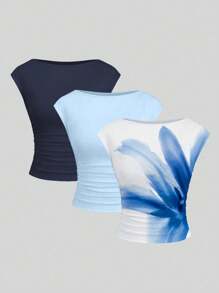 Sweetra 3 PiecesVersatile Cutout Backless Moisture-Wicking Fitted Women's T-Shirt Set - Multicolor - View 1