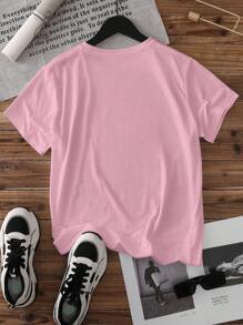 INAWLY Women Round Neck Short Sleeve Letter Print Casual Blouse, Everyday Wear - Pink - View 2