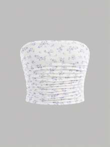 Tween Girl Casual Minimalist Ditsy Floral Ruched Camisole, Can Be Worn Layered Or Alone, Suitable For Girls' Daily Wear - Mauve Purple - View 1