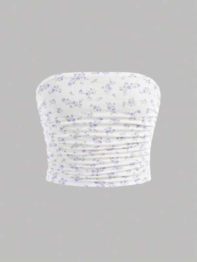 Tween Girl Casual Minimalist Ditsy Floral Ruched Camisole, Can Be Worn Layered Or Alone, Suitable For Girls' Daily Wear