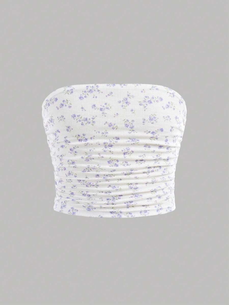 Tween Girl Casual Minimalist Ditsy Floral Ruched Camisole, Can Be Worn Layered Or Alone, Suitable For Girls' Daily Wear - Mauve Purple - View 1