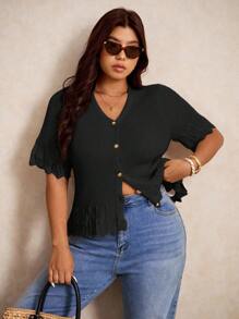 Elaquor Áo khoác cardigan tay ngắn màu trơn tối giản cỡ lớn viền vỏ sò cài nút phía trước - màu đen - Xem 7