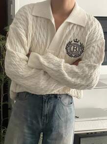 DAZY 男士休闲落肩字母图案针织米色毛衣，秋季校园 - 米色 - 查看 3