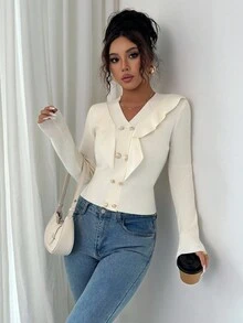 Selianne Women's Elegant Romantic Ruffled V-Neck Double-Breasted Cardigan Sweater Fall Winter Cloth For Women - Apricot - View 3