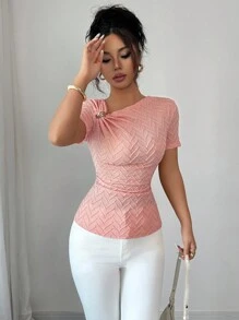 Elenzga 女士优雅不对称领口3D玫瑰金纽扣装饰短袖T恤 - 粉色 - 查看 6