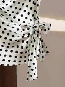 Franclia Donna in stile casual elegante per ufficio, top a canottiera con lacci e pois bianchi e neri, top smanicato a pois, top avvolgente a pois tutto bianco