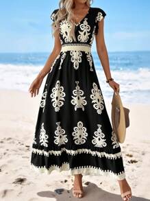 Sylviya 收縮荷葉邊設計短袖腰帶印花休閒度假裙，A字裙擺 - 彩色 - 查看 4