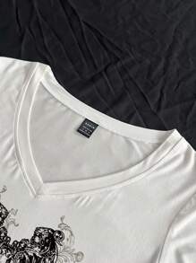 StreetHx Damska letnia, obcisła koszulka z dekoltem w serek, punkowa, subkultura anime, krótki rękaw, nadruk skrzydeł, czarna koszulka z dekoltem w serek - Biały - Zobacz 3