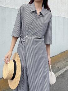 FRIFUL 女士条纹不对称门襟系带宽松休闲连体裤，适合机场、户外穿着 - 黑色 - 查看 6