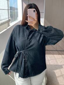 Dazy Plus 深色洗水牛仔翻领宽松长袖系带不对称前扣夹克，适合春秋季 - 深色水洗藍 - 查看 3