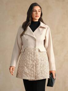 Flouryn Plus Size Women Elegant Commuter Lapel Patchwork Jacquard Fabric Overcoat - Khaki - View 6