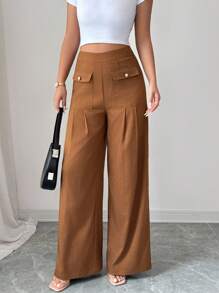 Elenzga Pantalones de traje elegantes para mujer con decoración de bolsillos, diseño plisado y botones de perla - Caqui - Ver 5