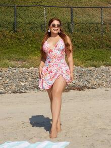 Lupita Cardoza Atuendos de playa para mujer, conjunto de top y falda corta con estampado floral, cordón y escote en V cruzado fruncido, vestido de baño sexy para damas, verano - Multicolor - Ver 5