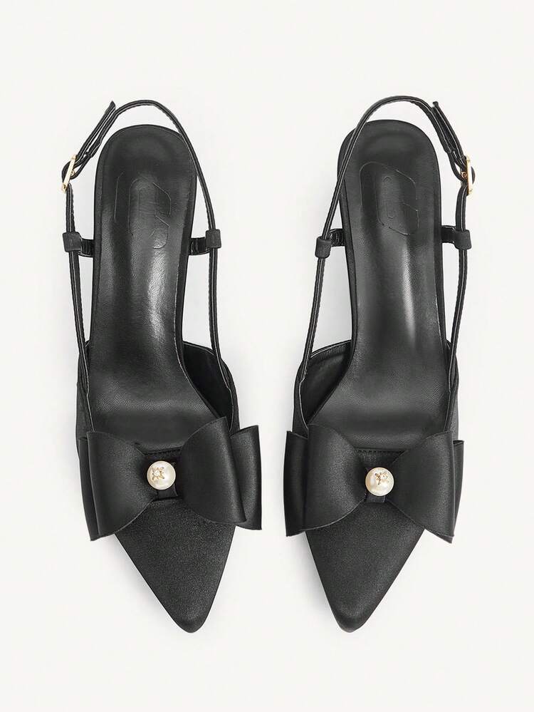 CUCCOO CHICEST 女性用 尖った つま先 ラインストーン & パール リボン装飾 スティレットヒール エレガントで甘いロマンチックなファッション ゴシック ブラックサテン ハイヒールサンダル、フォーマルな機会、パーティー、結婚式、休日に適しています