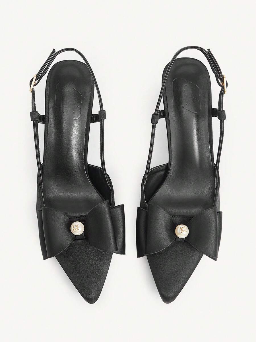 CUCCOO CHICEST Sandalias de tacón alto de satén negro con puntera puntiaguda, decoradas con cristales de Rhinestone y lazo con perlas, de estilo elegante, romántico y gótico, adecuadas para ocasiones formales, fiestas, bodas y vacaciones