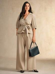 Flouryn Plus Size Women's Solid Color Fashion 2 Pieces Set, Collared Puff Sleeve Cinched Waist Blouse And Casual Wide Leg Pants Suit - Apricot - View 4