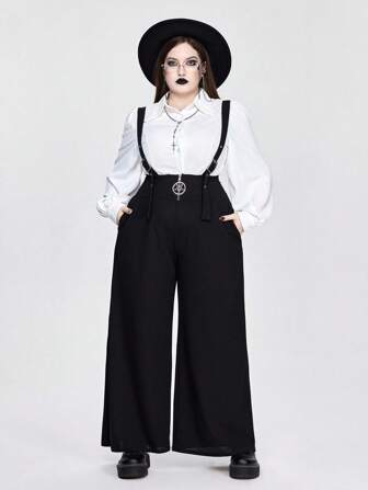 Goth Plus Size Women Gothic Elegant Commuter Wide Leg Jumpsuit With Pockets, Suitable For All Seasons, Fall Back To School, Halloween