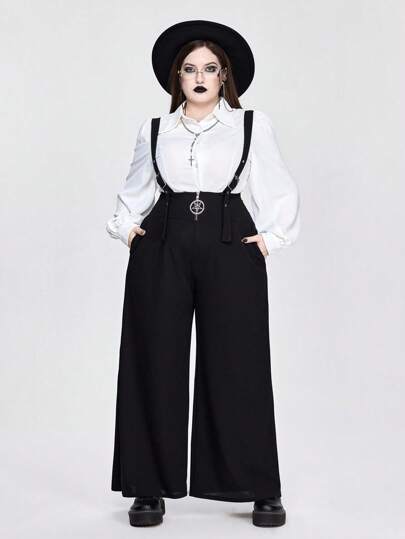 Goth Plus Size Women Gothic Elegant Commuter Wide Leg Jumpsuit With Pockets, Suitable For All Seasons, Fall Back To School