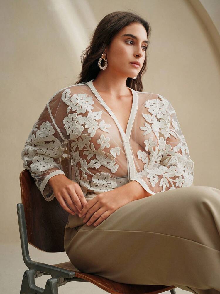 Plus Size Women Floral Embroidery Drop Shoulder Long Sleeve Single-Breasted Knit Cardigan Winter Fall Autumn