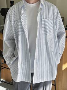 DAZY Camisa de hombre con estampado de rayas y hombros caídos, ropa de otoño para hombre de manga larga